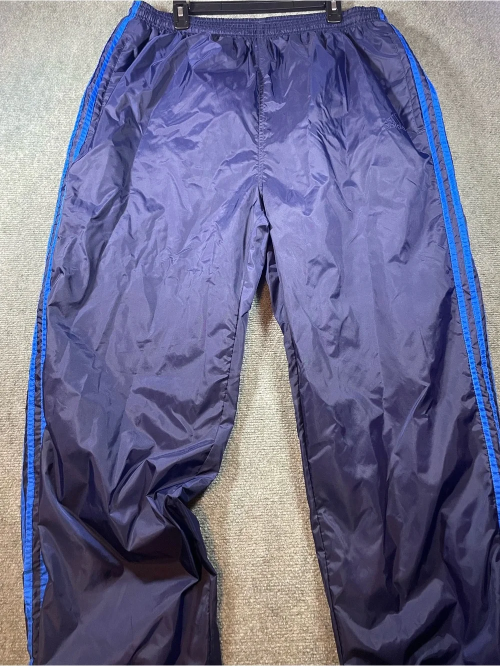 Vintage Men's adidas Y2K Navy Track Pants with Royal Blue Side Stripes